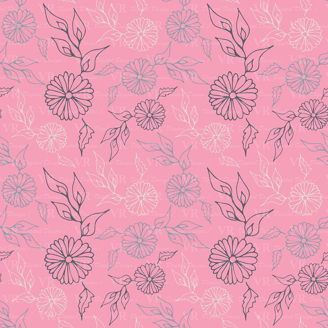 Seamless Elegant Floral Digital Paper, Hand Drawn Flowers Seamless ...