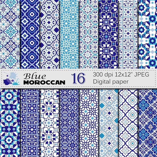 Blue Moroccan Digital Paper Set,  Blue Ornamental Scrapbook Digital Papers, Ethnic, Moroccan Instant Digital Download