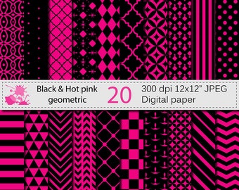 SALE 50% Black and Hot Pink Geometric Digital Paper Set, Geometric Digital papers, Black Hot Pink Scrapbooking papers, Instant Download