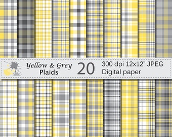 Żółte i szare pledy cyfrowy zestaw papieru, żółty i szary Plaid cyfrowe dokumenty, papier Plaid Scrapbook, cyfrowy Download