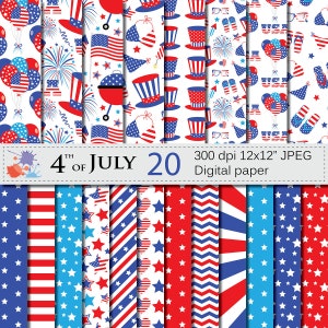 4th of July Digital Papers, Patriotic USA Red and Blue Stars and Stripes Digital Printable Paper, Independence Day Digital Download