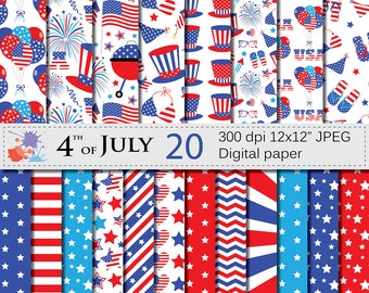 4th of July Digital Papers, Patriotic USA Red and Blue Stars and Stripes Digital Printable Paper, Independence Day Digital Download