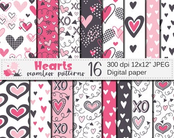 Hearts digital paper, Red and pink Valentine's Day seamless patterns, Love digital paper, Valentine scrapbook paper download