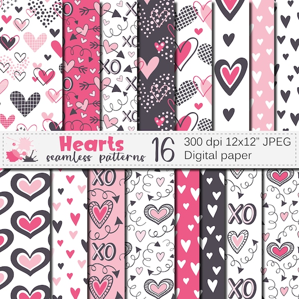 Hearts digital paper, Red and pink Valentine's Day seamless patterns, Love digital paper, Valentine scrapbook paper download