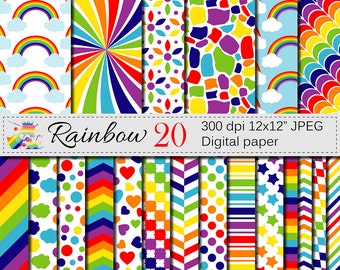 Rainbow Digital Paper Set, Multicolored Digital Scrapbook Printable Papers, Rainbow Patterns with Stars, Clouds, Instant Digital Download