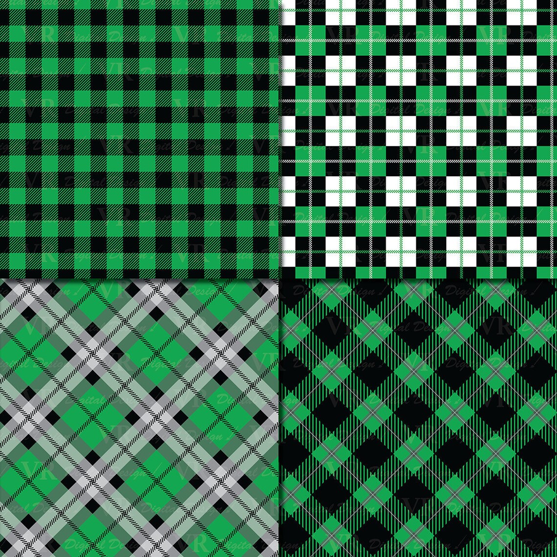 Green and Black Plaids Digital Paper, Buffalo Plaid Lumberjack Check ...
