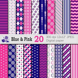 Blue and Pink Digital Paper Set, Geometric Digital Printable Scrapbook Papers, Stripe Chevron Argyle Papers, Digital Download