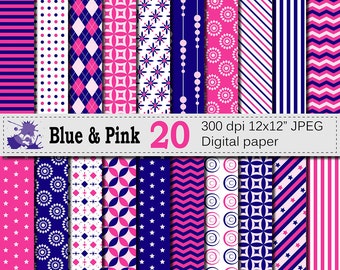 Blue and Pink Digital Paper Set, Geometric Digital Printable Scrapbook Papers, Stripe Chevron Argyle Papers, Digital Download