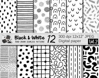 Black and White hand drawn seamless digital paper, Trendy monochrome geometric doodle patterns