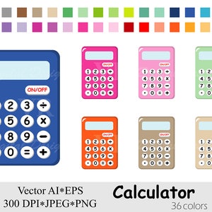 May include: A set of 36 colorful calculator illustrations. The calculators are in various colors, including blue, pink, green, orange, and brown. Each calculator has the numbers 1-9, 0, plus, minus, multiply, divide, and an equals sign. The text "ON/OFF" is on each calculator.