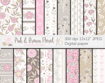 Pink and Brown Floral Digital Paper, Flowers Seamless Pattern, Neutral Floral Scrapbook Paper Download