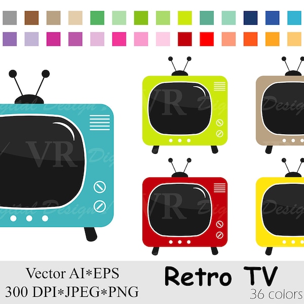Retro TV Clip Art, Television Clipart, Rainbow Vintage TV Clipart, Planner Stickers Clipart, Instant Digital Download Vector Clip Art