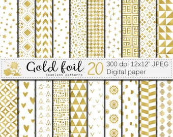 Gold foil digital paper, Seamless metallic foil geometric patterns, scrapbook papers download