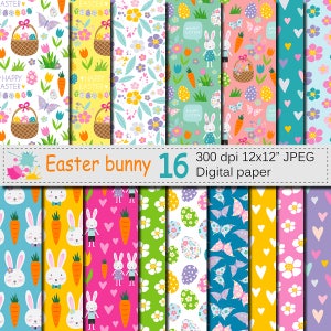 May include: A set of 16 digital papers featuring Easter bunny themed patterns. The patterns include bunnies, carrots, eggs, butterflies, hearts, flowers, and text that says "Happy Easter". The papers are 300 dpi and 12x12 inches.