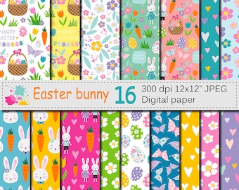 Digitalt papper med påskhare, ljusa sömlösa påskmönster med kaniner, blommor och påskägg, ladda ner