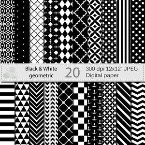 WYPRZEDAŻ 50% Zestaw czarno-białych papierów geometrycznych, papiery geometryczne cyfrowe, czarno-białe papiery do scrapbookingu, natychmiastowe pobranie