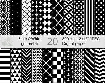 SALE 50% Black and White Geometric Digital Paper Set, Geometric Digital papers, Black and White Scrapbooking papers, Instant Download