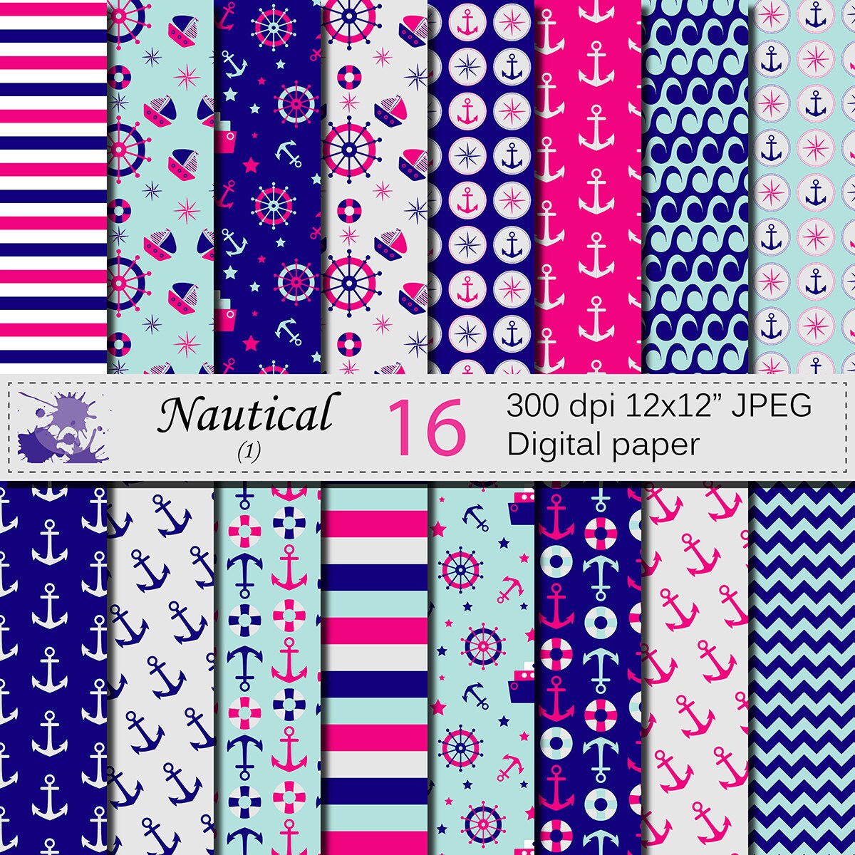 Nautical Pink And Blue Digital Papers Anchor Printable 50