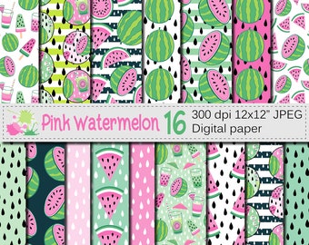 Watermelon digital paper, Cute summer fruit digital papers, Pink and green watermelon seamless patterns, Watermelons scrapbook paper