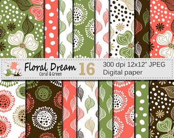 Seamless Floral Coral and Green Digital Paper "Floral Dream", Hand Drawn Flowers Seamless Pattern, Printable Scrapbook Paper