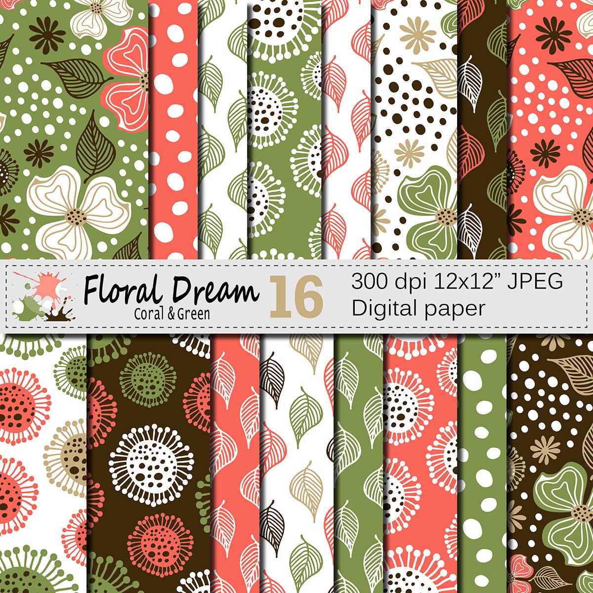 Seamless Floral Coral and Green Digital Paper "floral Dream", Hand ...