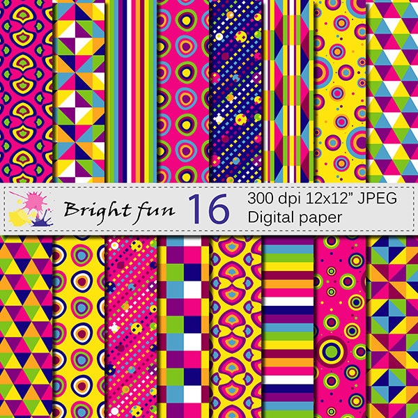 Bright Fun Digital Paper Set, Bright Geometric Digital papers, Rainbow Party Scrapbook Printable Paper, Digital Download