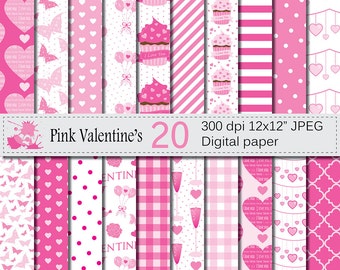 Pink Valentines Day Digital Paper with Hearts, Cupcakes, Butterflies, Love Digital Scrapbook papers, Valentine patterns, Instant Download