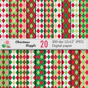 Weihnachten Argyle Digital Paper Set, Argyle Muster, Diamant Digital Scrapbook Papiere, rot grün braun Papiere, Instant Download