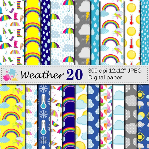 Weather Digital Paper Set, Weather Digital Papers with Rain Sun Umbrella Clouds, Scrapbook Papers, Instant Digital Download