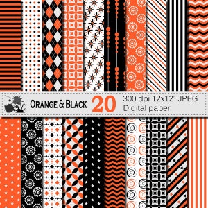 Orange and Black Digital Paper Set, Geometric Digital Printable Scrapbook Papers, Stripe Chevron Argyle Papers, Digital Download