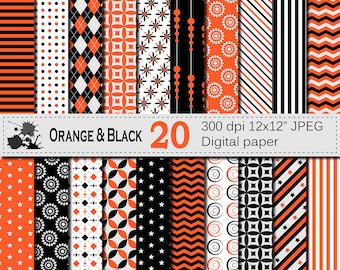 Orange and Black Digital Paper Set, Geometric Digital Printable Scrapbook Papers, Stripe Chevron Argyle Papers, Digital Download