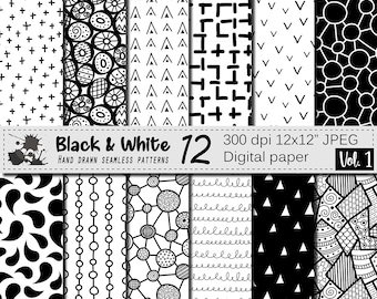 Black and White hand drawn seamless digital paper, Monochrome geometric modern doodle patterns