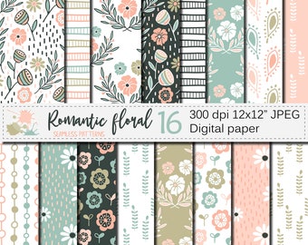 Romantic Floral Digital Paper, Flowers Seamless Pattern, Pastel Floral Scrapbook Paper