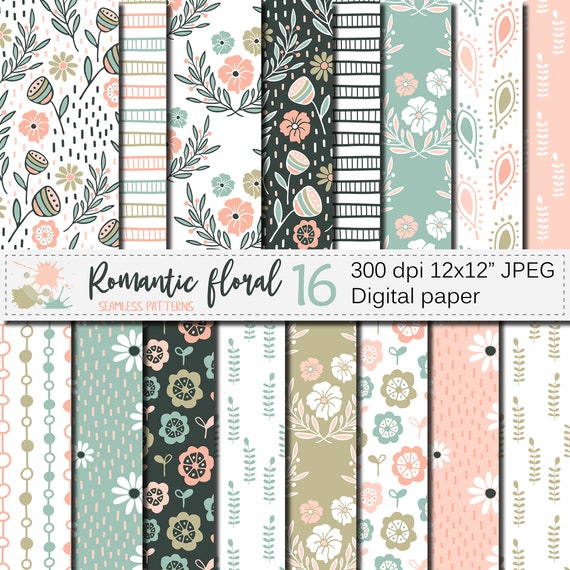 Romantic Floral Digital Paper, Flowers Seamless Pattern, Pastel Floral Scrapbook Paper
