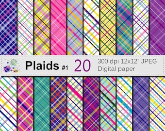 Colorful Bright Plaid Digital Paper Set, Purple Blue Green Pink Yellow Digital Scrapbook papers , Plaid Patterns, Instant Download