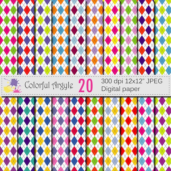 Colorful Argyle Digital Paper Set, Colorful Digital papers, Argyle Digital Papers, Argyle Scrapbook papers, Instant Download