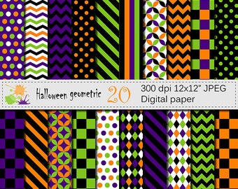 Halloween Geometric Digital Paper, Halloween Checks Stripes Chevrons Polka Dots, Purple Green Orange Black Digital Papers, Digital Download
