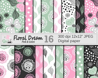 Seamless Floral Pink and Green Digital Paper "Floral Dream", Hand Drawn Flowers Seamless Pattern, Printable Scrapbook Paper