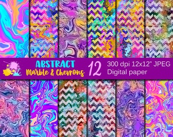 Bright Abstract Marble and Glitter Chevrons Digital Paper / Colorful Backgrounds Download