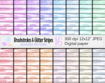 Brushstrokes and Glitter Stripes Digital Paper, Seamless Pastel Brush Stroke Patterns, Pastel Glitter Backgrounds, Digital Download