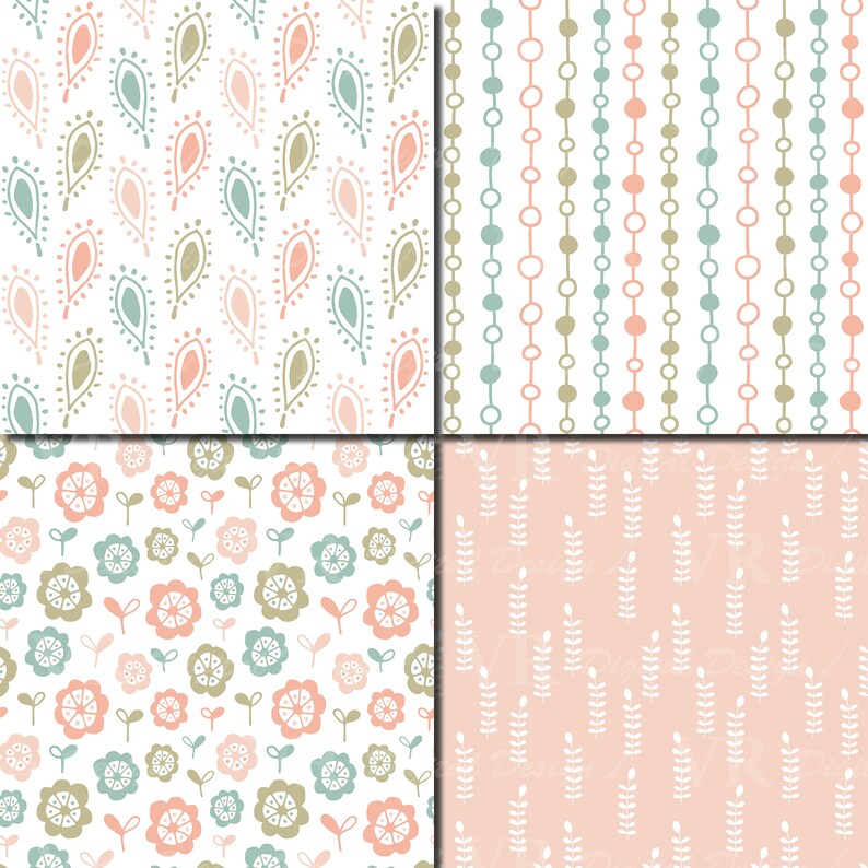 May include: Four seamless patterns featuring a variety of floral and geometric designs in pastel colors. The patterns include pink, green, blue, and white.