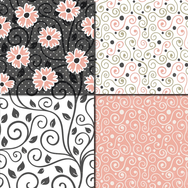 Floral Swirls Digital Paper, Blush Peach and Green Floral Seamless ...