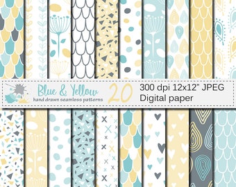 Blue and Yellow Seamless Digital Paper, Pastel Hand Drawn Scales, Hearts, Leaves, Terrazzo Pattern, Digital Scrapbook Papers