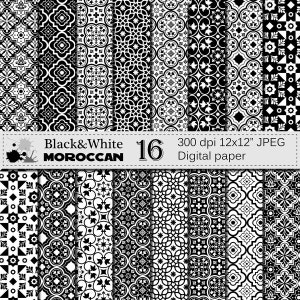 Black and White Moroccan Digital Paper Set,  Black White Ornamental Scrapbook Digital Papers, Ethnic, Moroccan Instant Digital Download