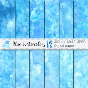 Blue Watercolor Digital Paper, Blue Watercolors texture, Handpainted watercolor backgrounds, Blue abstract papers