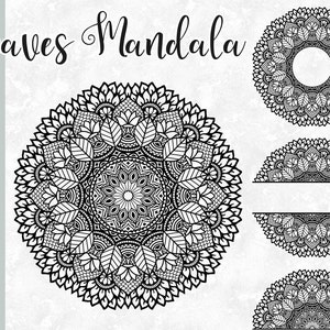 May include: Black and white mandala design with a leaf pattern. The design is in the shape of a circle and has a circular frame around the outside. The design is also available in half-circle shapes.