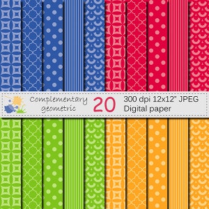 REA 50% Kompletterande geometriskt digitalt pappersset, blått, rött, orange, grönt digitalt papper, omedelbar digital nedladdning
