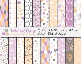 Violet and Orange Seamless Digital Paper, Hand Drawn Scales, Hearts, Leaves, Terrazzo Pattern, Digital Scrapbook Papers