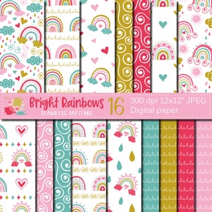 Papel digital de arco-íris brilhante, padrões sem emenda de arco-íris colorido bonito, download de papéis de scrapbooking