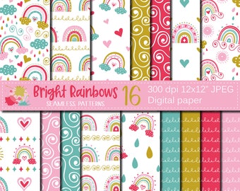 Bright rainbows digital paper, Cute colorful rainbow seamless patterns, Scrapbooking papers download